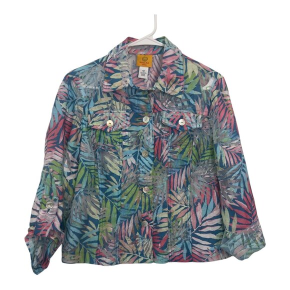 Ruby Rd. Petite 10P Tropical Leaf Print Button-Up Sheer Lightweight Jacket - Picture 12 of 12